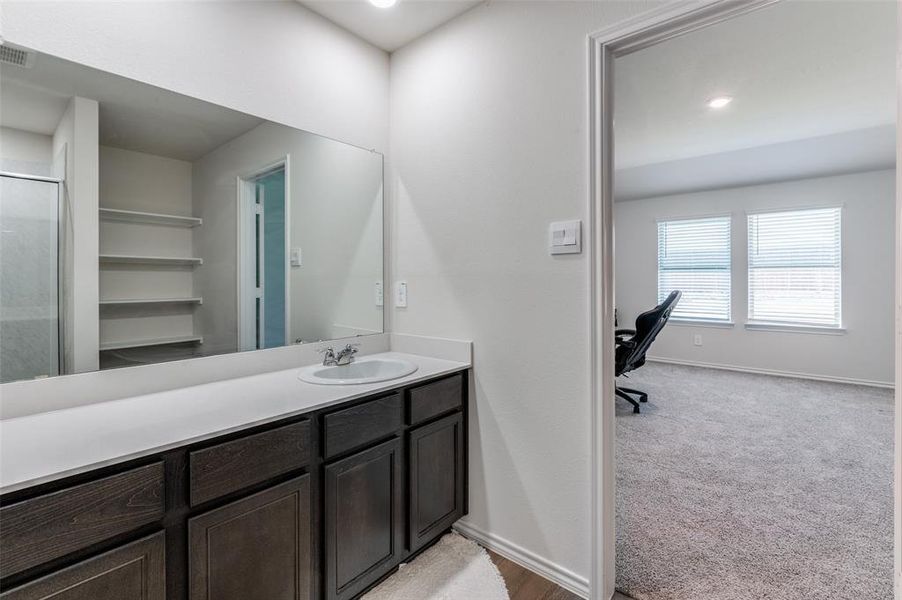 Bathroom with a shower with door and vanity