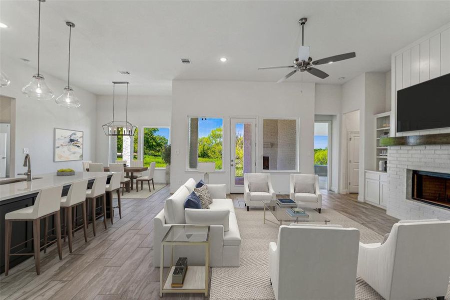 Staged Family Room and Kitchen Island View from Front Door