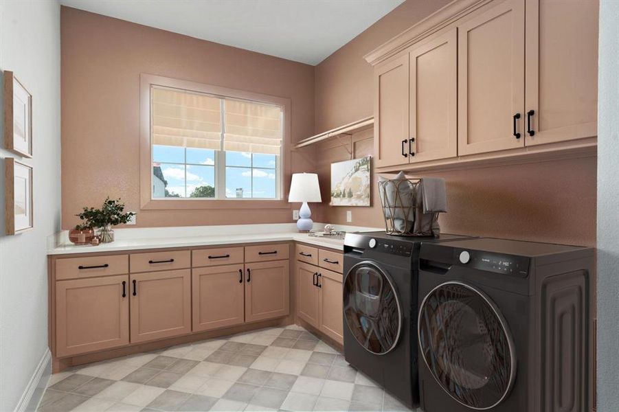 Beautifully-equipped laundry room with storage galore and gorgeous floors. *Virtually staged.