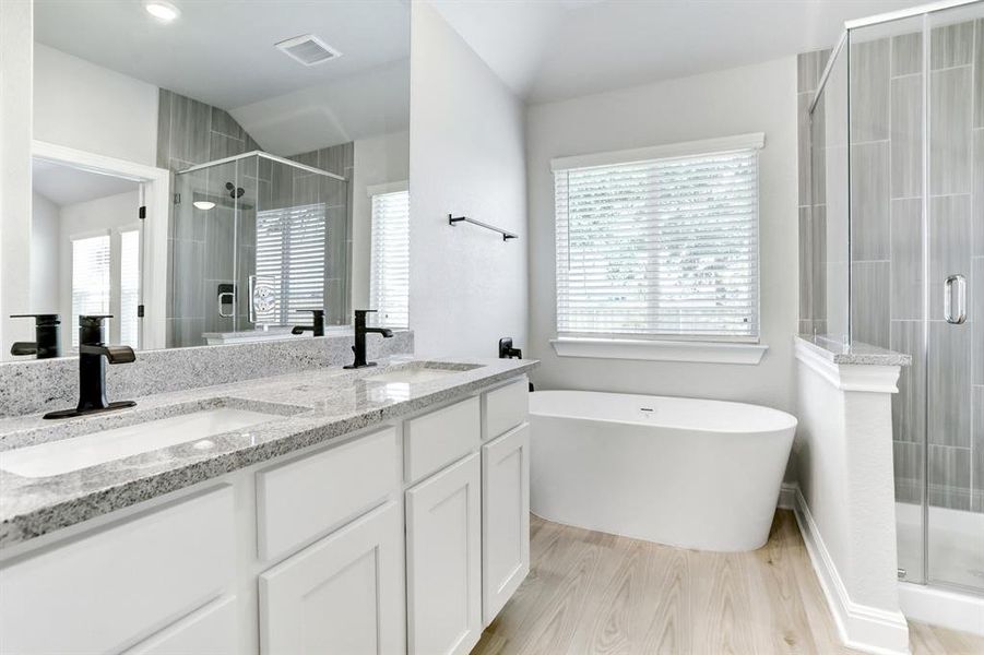 Spa-like soaking tub and separate shower in the master bathroom