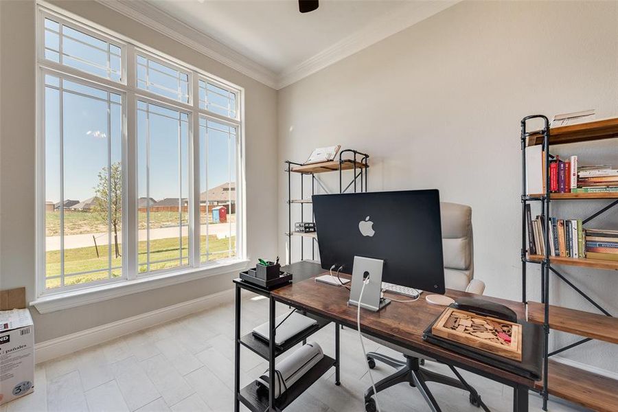 Office area featuring ornamental molding and plenty of natural light