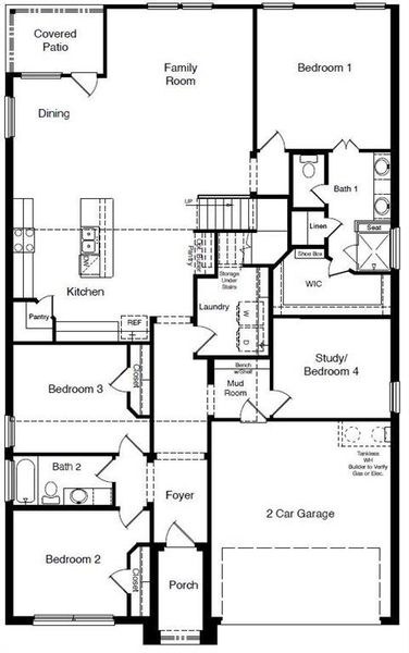 D.R. Horton's Santa Fe floorplan, 1st floor - All Home and community information, including pricing, included features, terms, availability and amenities, are subject to change at any time without notice or obligation. All Drawings, pictures, photographs, video, square footages, floor plans, elevations, features, colors and sizes are approximate for illustration purposes only and will vary from the homes as built.