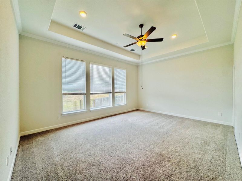 Primary bedroom with tray ceiling and ceiling fan