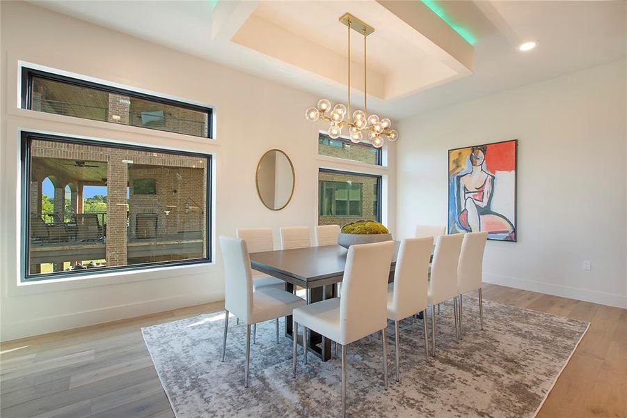 Dining area featuring a chandelier, a tray ceiling, and hardwood / wood-style flooring