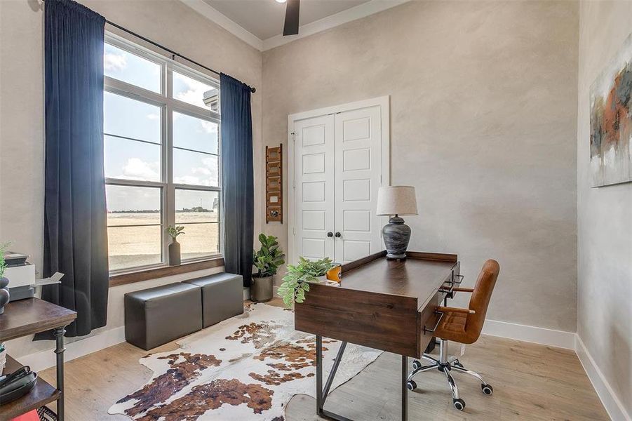 Office space featuring light hardwood / wood-style flooring, a high ceiling, and crown molding