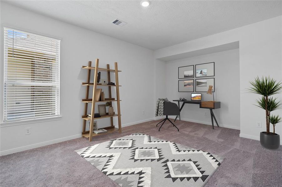 Quietly nestled in front of the home is the handsome den that can be used as an office, play room, dining room, or whatever your hearts desire. Featuring plush carpet flooring, high ceilings, large windows with privacy blinds and neutral paint.