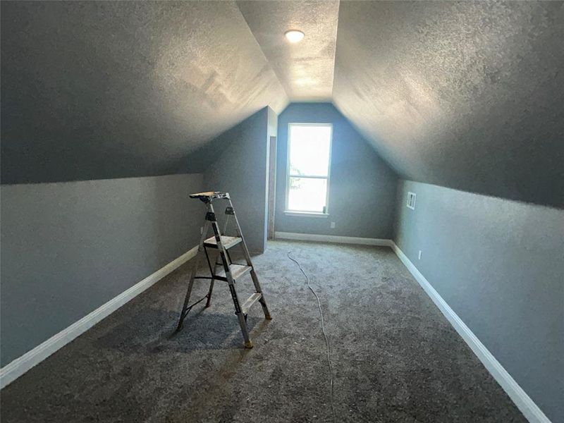 Upstairs Bedroom with a textured ceiling, carpet floors, and lofted ceiling and view of the Lake