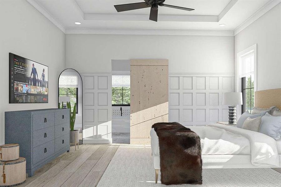 Bedroom featuring ceiling fan, a towering ceiling, multiple windows, and a tray ceiling