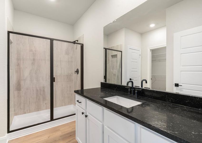 Master bathroom with black countertops, white cabinets, and a walk-in shower.