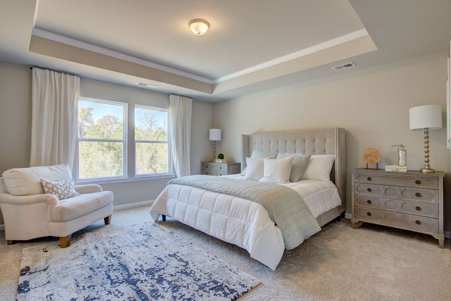 Oversized primary bedroom with trey ceiling located upstairs