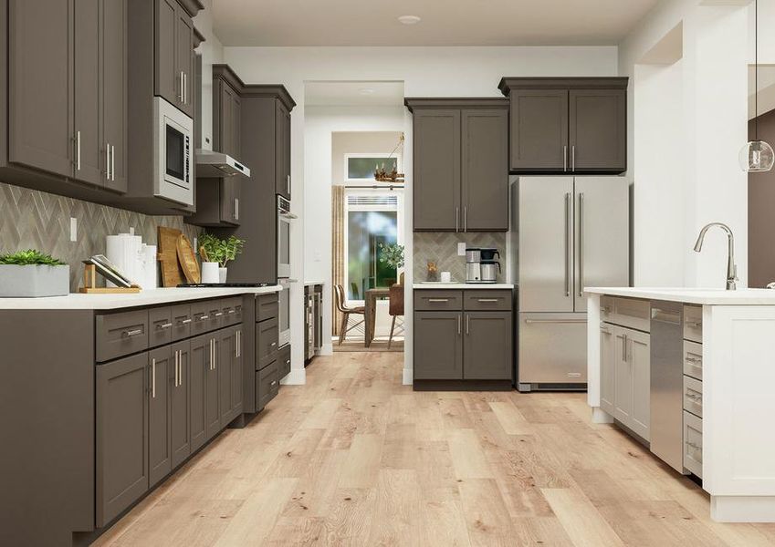 Rendering of the expansive kitchen with
  quartz countertops, double ovens, coffee corner and island lit by two handing
  pendant lights.