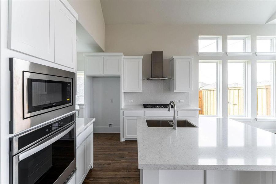Kitchen featuring stainless steel appliances, sink, decorative backsplash, dark hardwood / wood-style floors, and wall chimney exhaust hood
