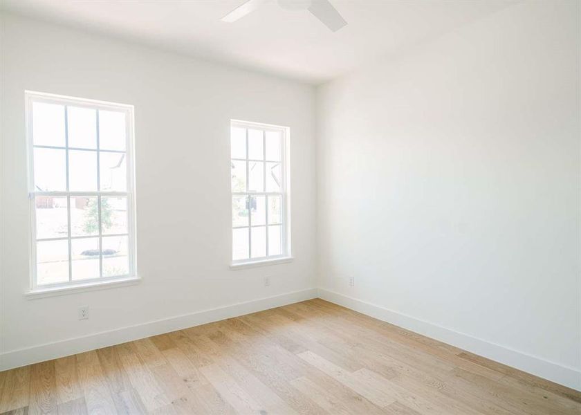 Unfurnished room with ceiling fan, light hardwood / wood-style flooring, and a wealth of natural light