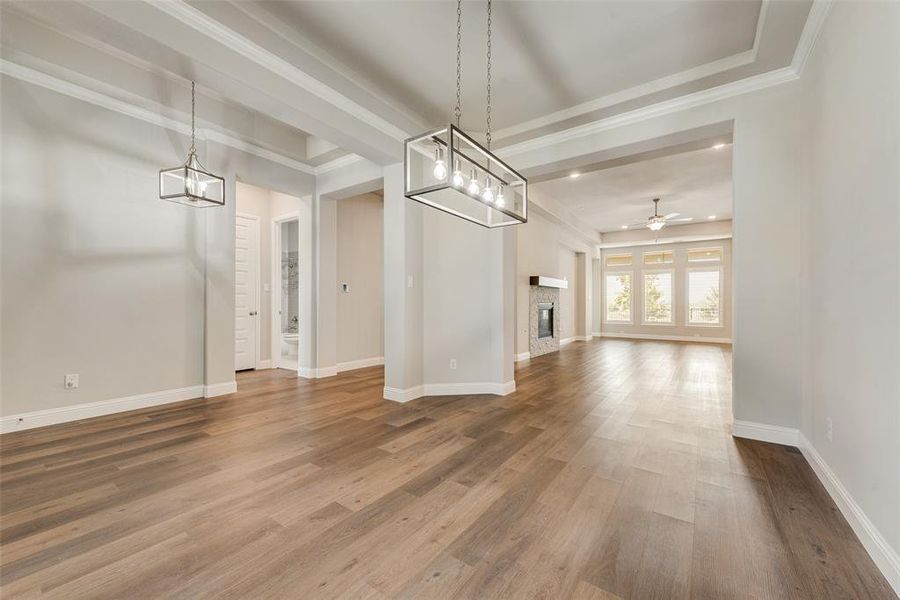 Unfurnished dining area with wood-type flooring, crown molding, and ceiling fan