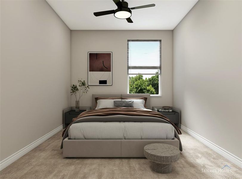 2nd bedroom. Great guest room with a ceiling fan and plush carpeting. This cozy bedroom can comfortably fit a queen-size bed. Example photo, virtually staged