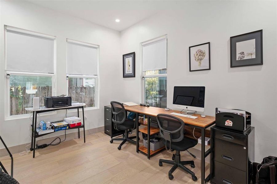 The home office offers a dedicated area for work or study, featuring a quiet environment and ample natural light to enhance productivity and focus.