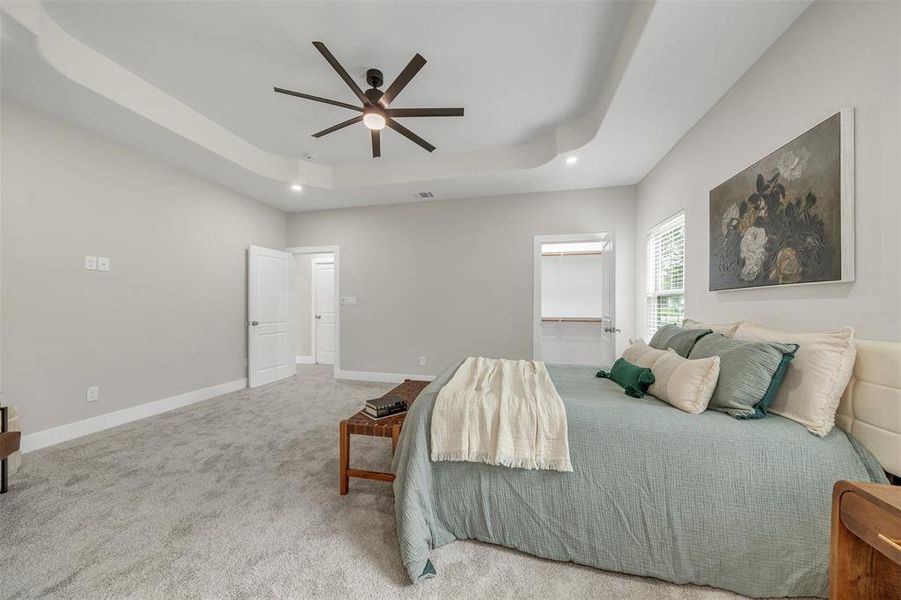 Master bedroom with ceiling fan, a raised ceiling, and a walk in closet