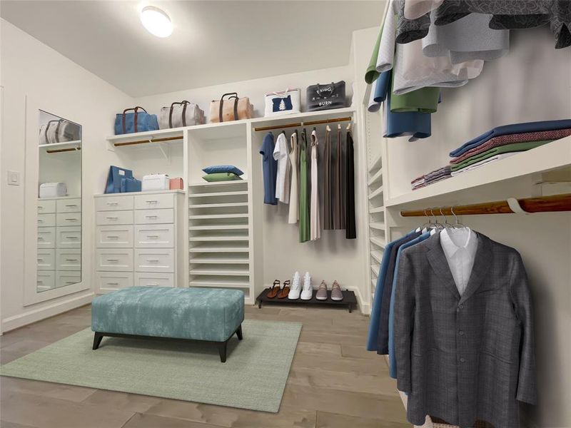 Large primary suite closet. Rooms are virtually staged and the floor plan shown is from a similar home in another community. Actual layouts and furnishings may vary. Please visit the property for accurate details.