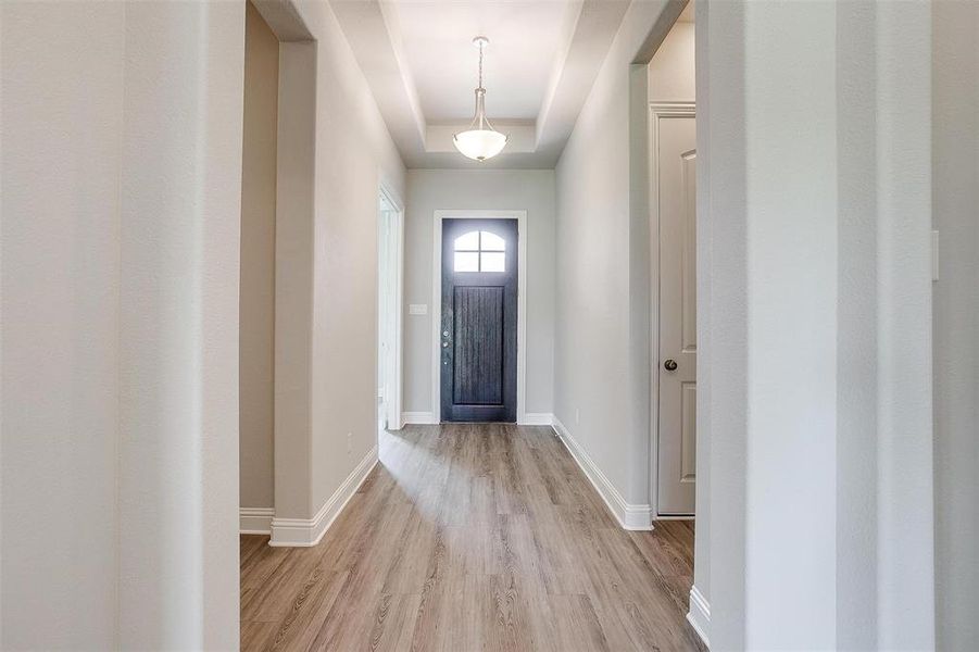 Entryway with light hardwood / wood-style flooring and a tray ceiling