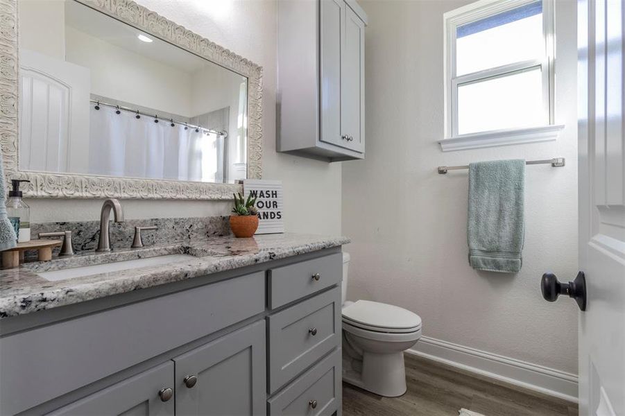 Bathroom featuring wood-type flooring, toilet, vanity, and a shower with curtain