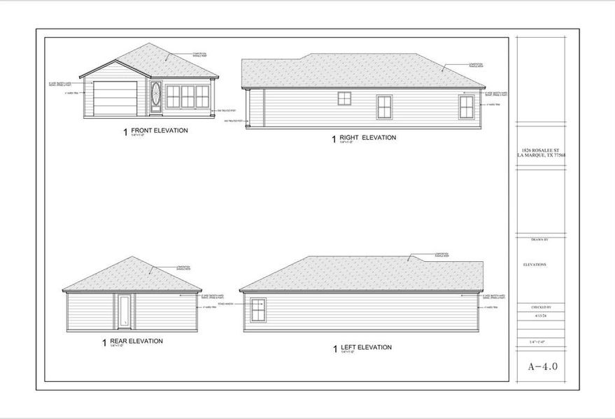 Image of a technical drawing showing the elevation design from four different sides.