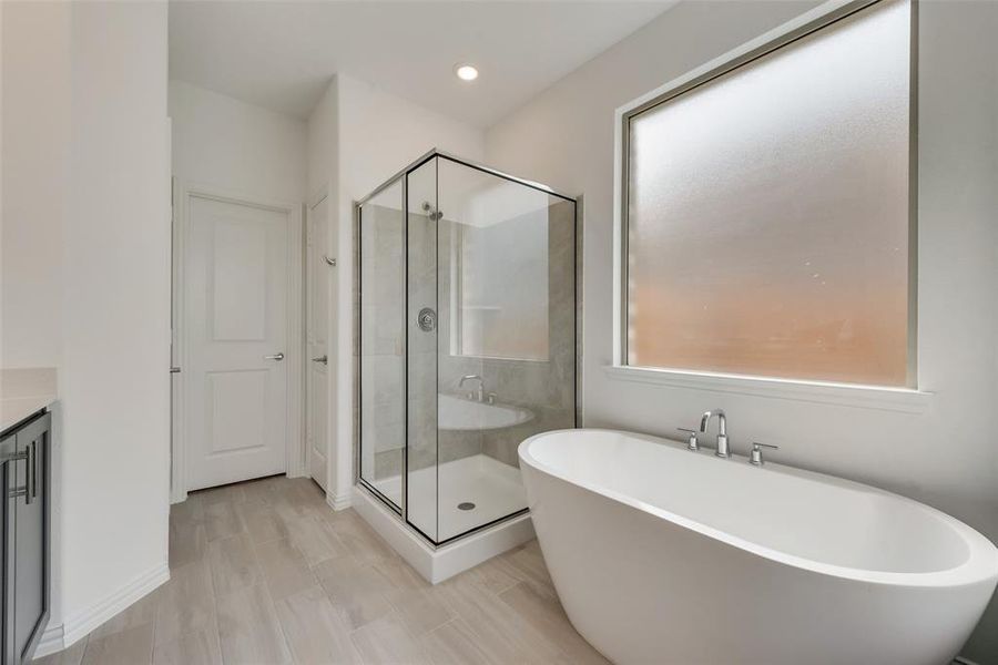 Bathroom featuring plenty of natural light, separate shower and tub, and vanity