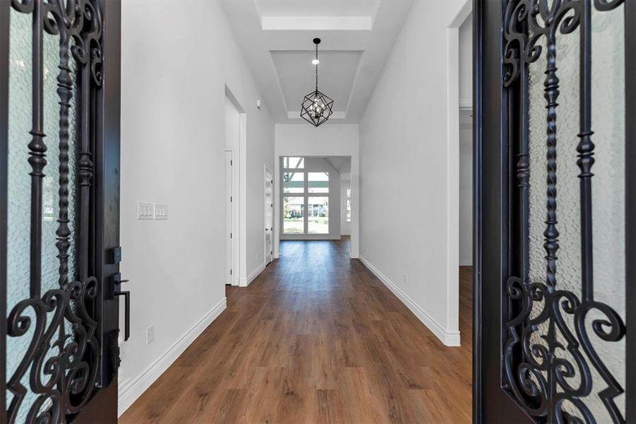 The 14' high ceiling in the entry highlights the black iron and glass double doors. Rich wood toned luxury vinyl plank is featured throughout 164 Somerton Dr.