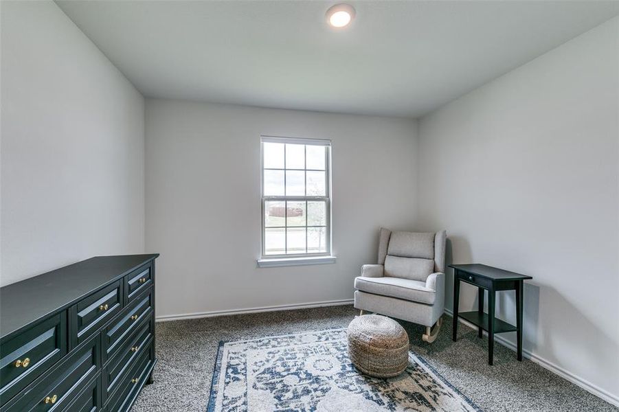 Sitting room with dark carpet