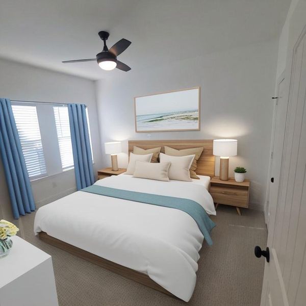 Carpeted bedroom featuring ceiling fan Photo generated with AI furniture not included in the sale.