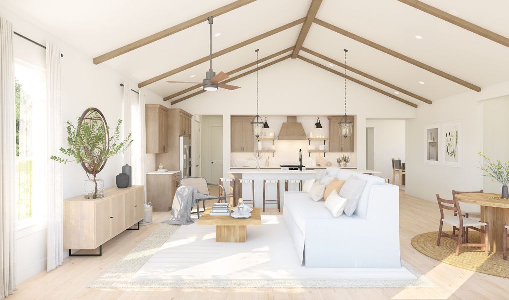 Great room with high ceilings with stained ceiling beams