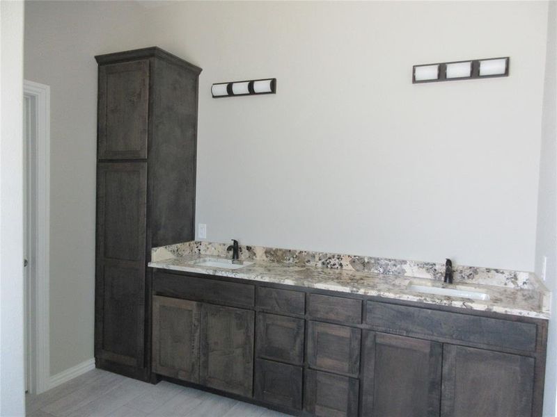 Bathroom with wood-type flooring and double sink vanity