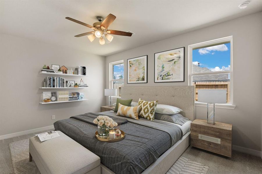 The primary bedroom is generously sized, creating a tranquil and spacious retreat that offers ample room for relaxation. Featuring plush carpet, high ceilings, fresh paint, and large windows that lets in natural lighting throughout the day.