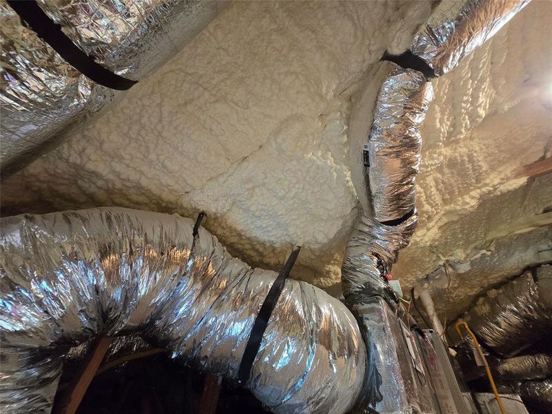 Energy efficient spray foam insulated attic allows for a sealed building and lower attic temperatures - your HVAC is not getting cooked in the hot attic!