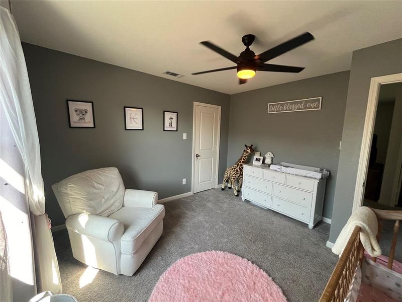 Living area with dark carpet and ceiling fan