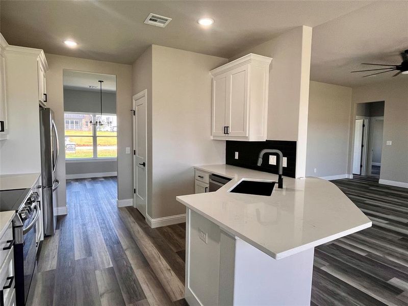 Kitchen with dark hardwood / wood-style floors, stainless steel appliances, sink, kitchen peninsula, and white cabinetry