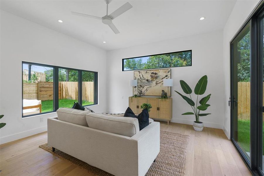 The family room gets tons of natural sunlight.