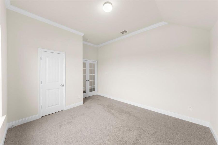 Carpeted empty room featuring ornamental molding and vaulted ceiling