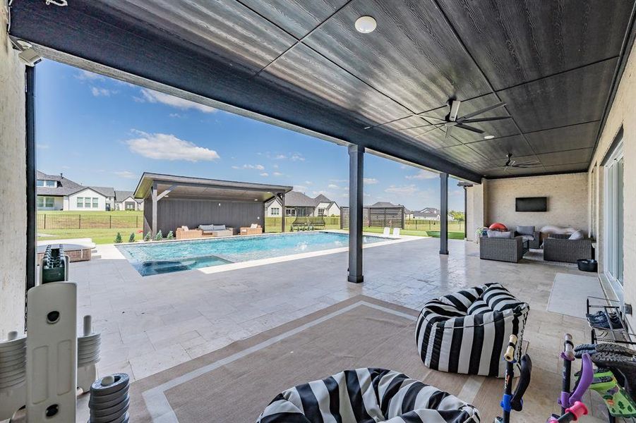 Large travertine back porch