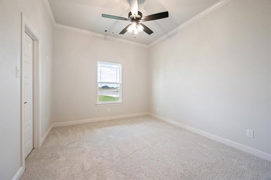 Unfurnished room featuring light colored carpet, crown molding, and ceiling fan