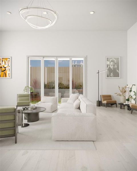 View of Living room facing a gorgeous backyard, step out and breath fresh air. All photos are virtual renderings. Actual finishes and details may vary.