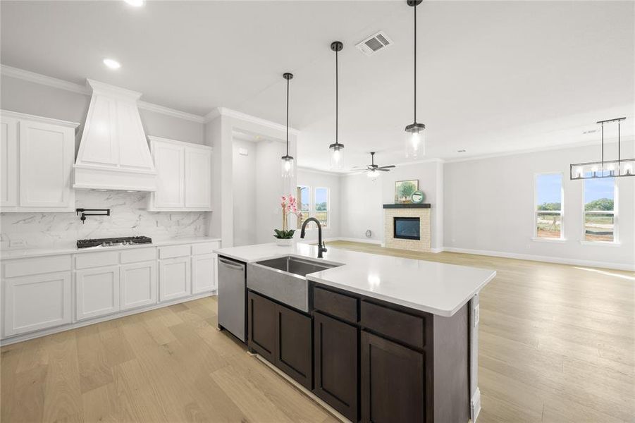 Kitchen featuring light wood-type flooring, sink, white cabinetry, and stainless steel dishwasher