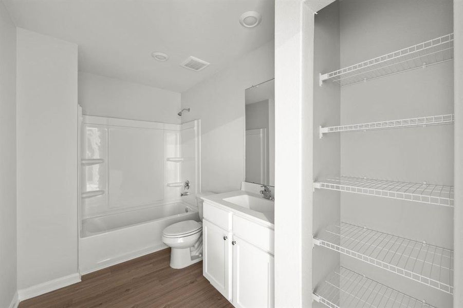 The secondary bathroom is upstairs, so your kids can get ready for school before heading downstairs for breakfast.