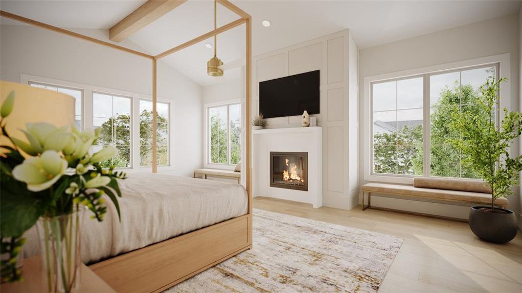 Primary Bedroom with a Wood Beam Cathedral Ceiling, there is a Gas Fireplace with a Cast Stone Surround, Block Paneling on the Fireplace Facade and Returns.   This is an Artists Rendering - Selections and Finishes are subject to change at any time during construction.