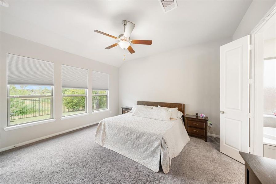 Primary bedroom.  Notice the view out the windows! The backyard backs to greenery!