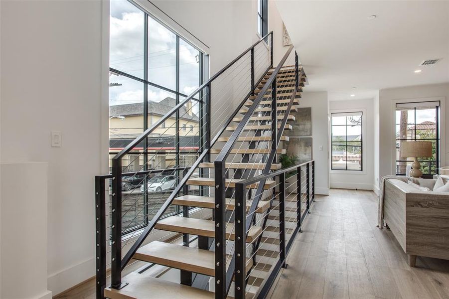 Floating staircase with hardwood