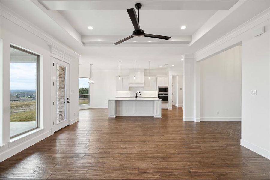 Unfurnished living room with dark wood-type flooring, a raised ceiling, sink, and ceiling fan