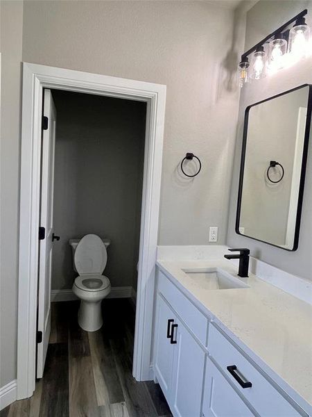 Bathroom featuring wood-type flooring, vanity, and toilet