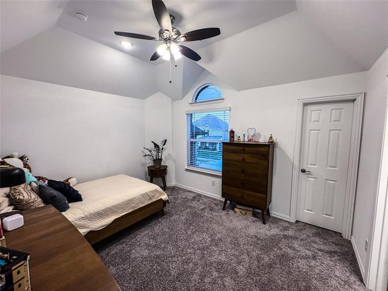 Carpeted bedroom featuring vaulted ceiling and ceiling fan