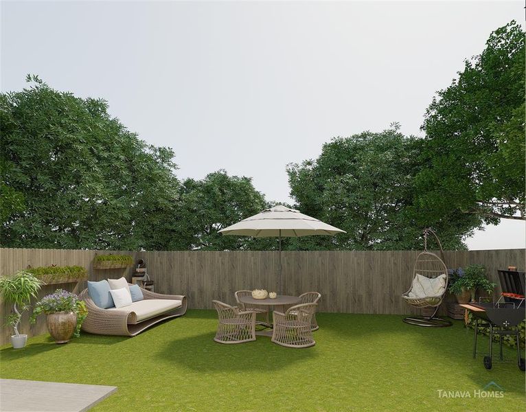 This low-maintenance backyard is completely fenced-in. There’s room for the dog to run around, with plenty of space to lounge, host BBQ, and entertain. Example photo, virtually staged