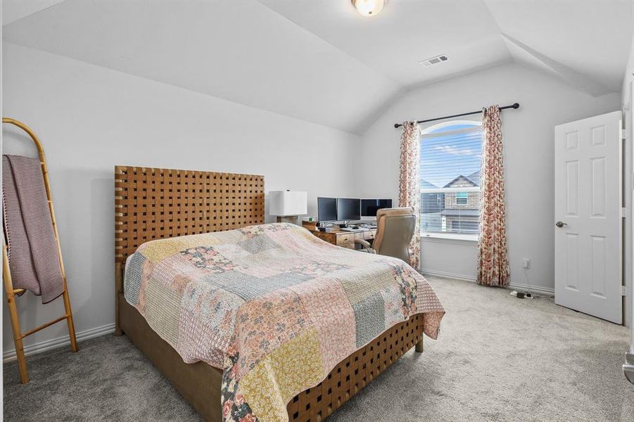 Carpeted bedroom with lofted ceiling